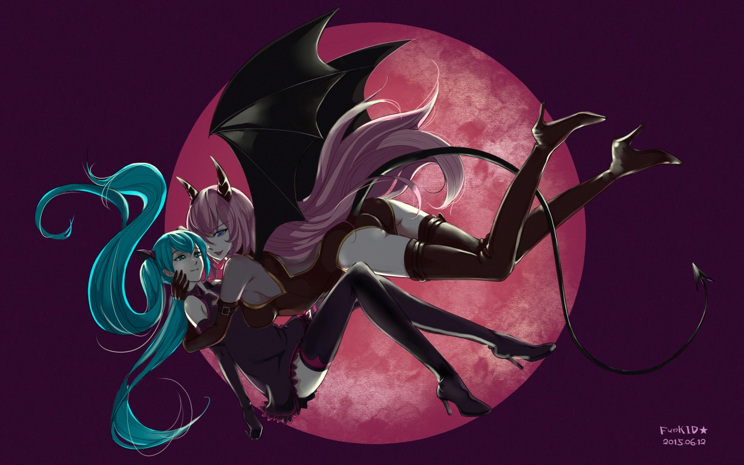 ass dress funkid hatsune_miku heels horns leotard megurine_luka no_bra tail thighhighs vocaloid wallpaper wings