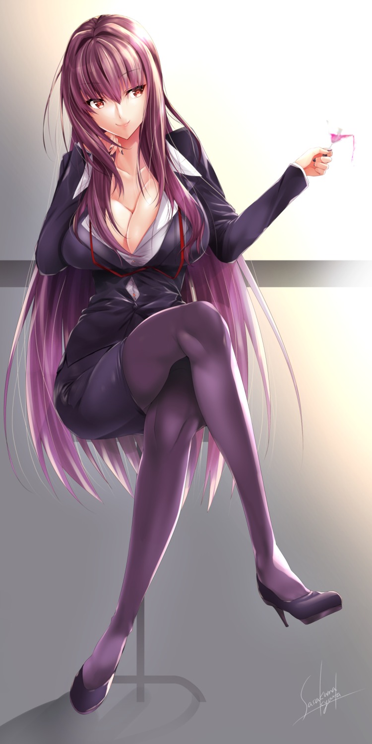 business_suit cleavage fate/grand_order heels no_bra open_shirt pantyhose sasakuma_kyouta scathach_(fate/grand_order) skirt_lift