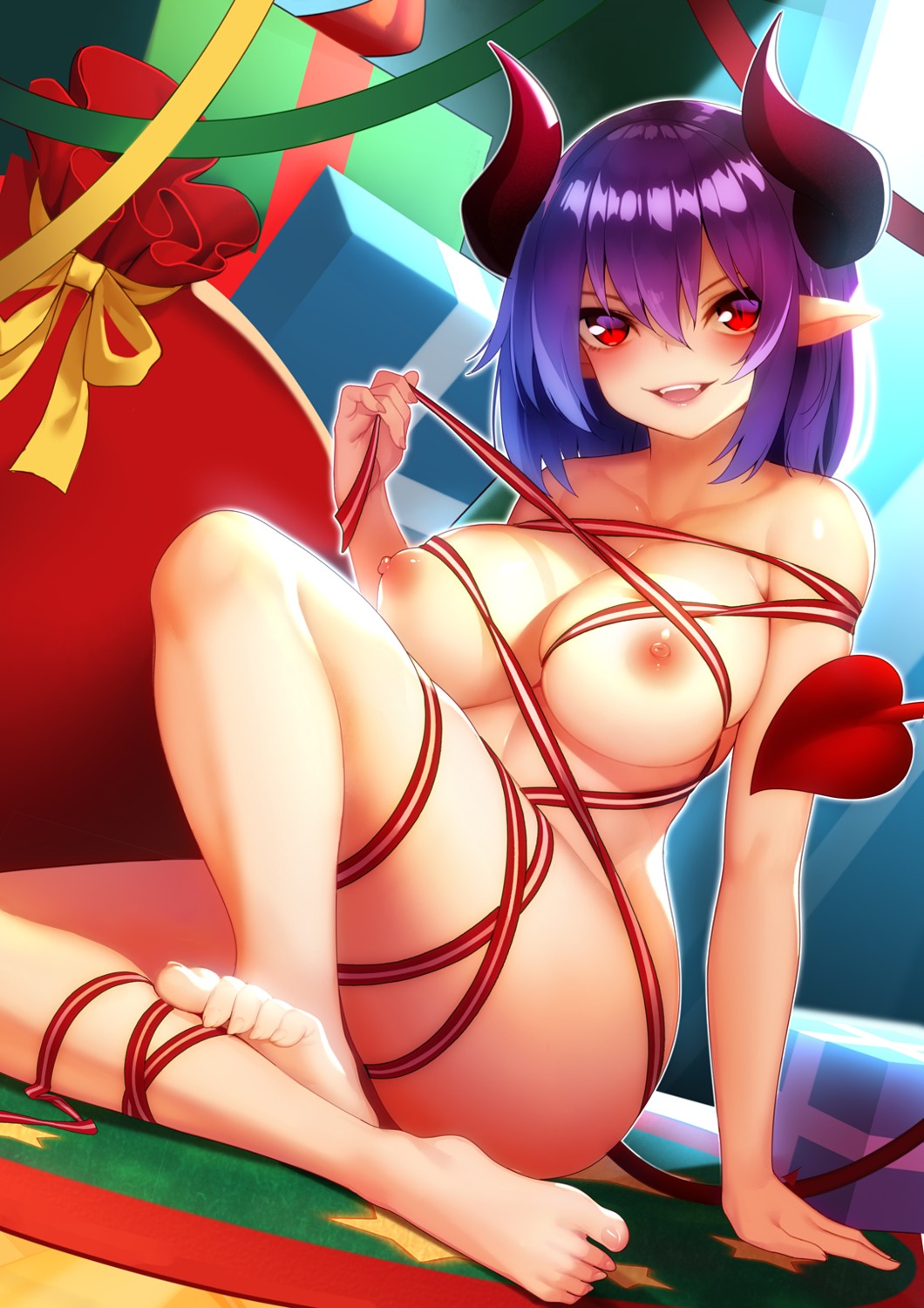 christmas cleavage guohua horns naked_ribbon nipples pointy_ears tail