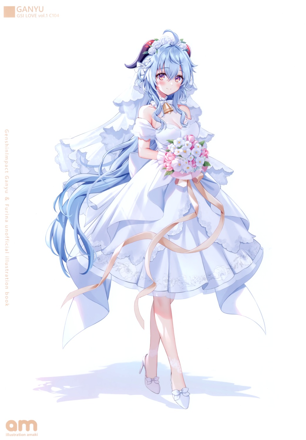 amaki amaki_ruto dress ganyu genshin_impact heels horns no_bra see_through wedding_dress