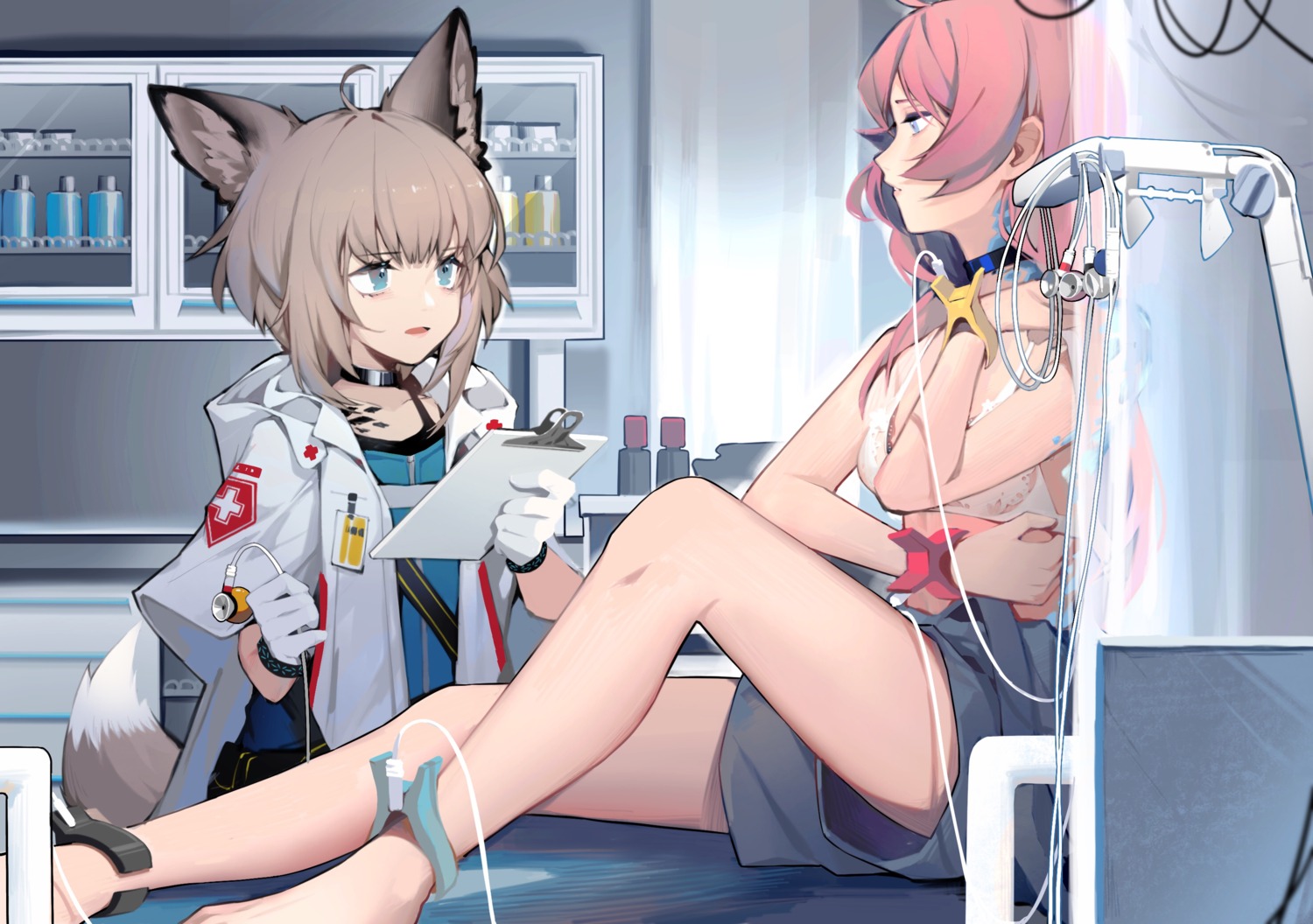aniao_ya animal_ears arknights blue_poison_(arknights) bra sussurro_(arknights) tail
