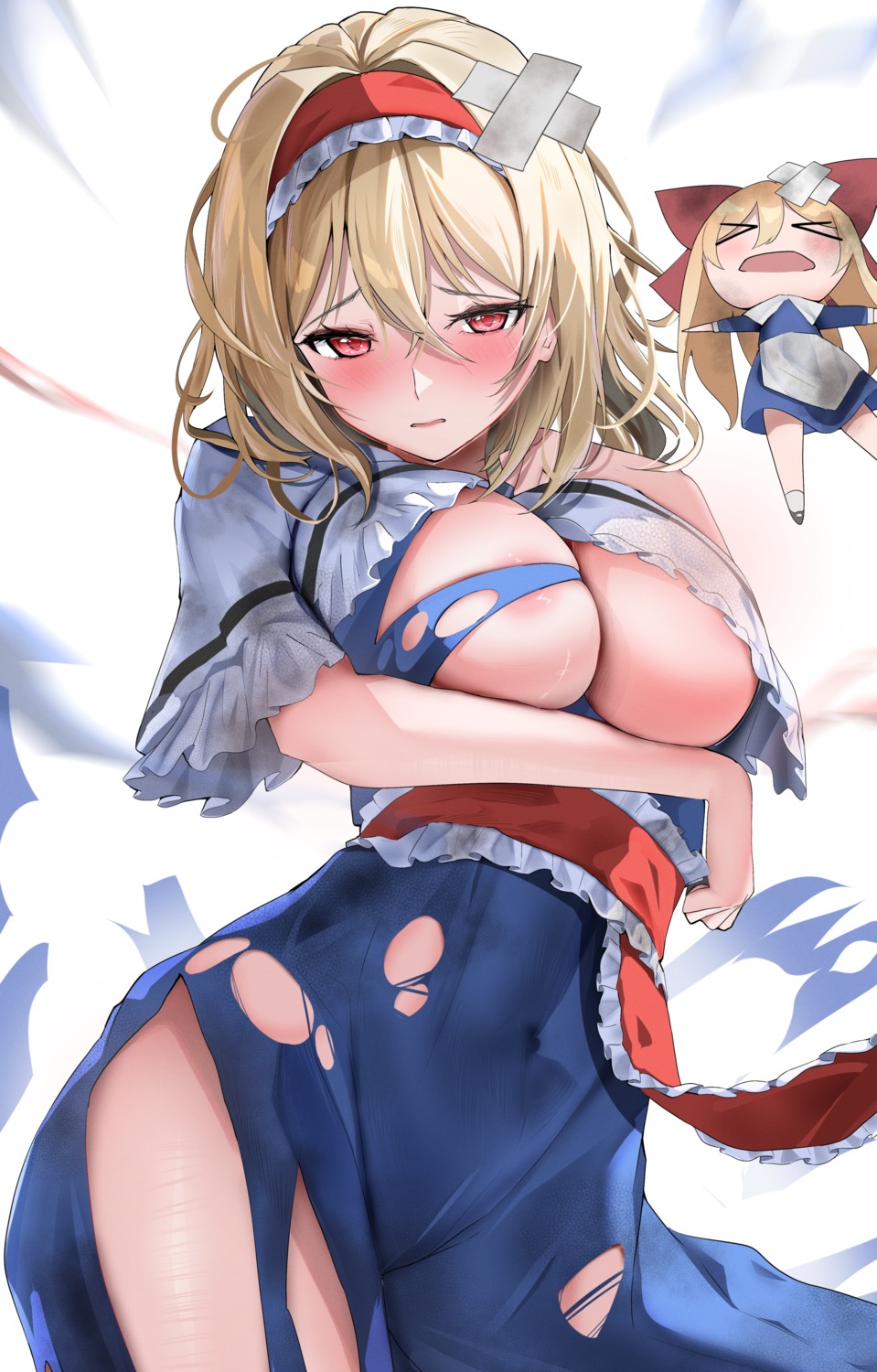 258n alice_margatroid areola bandaid breast_hold dress maid no_bra shanghai_doll torn_clothes touhou