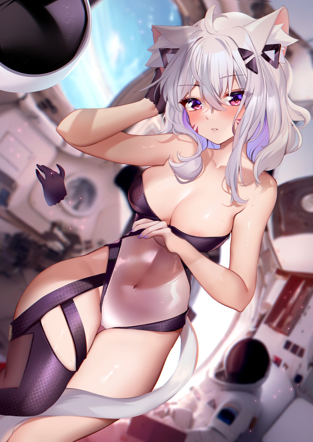 animal_ears areola nekomimi squchan stockings swimsuits tail thighhighs
