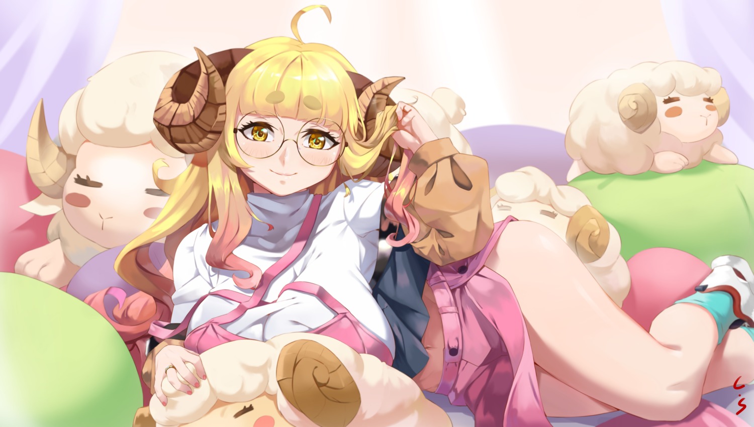 anila_(granblue_fantasy) caesar_salad granblue_fantasy horns megane skirt_lift sweater