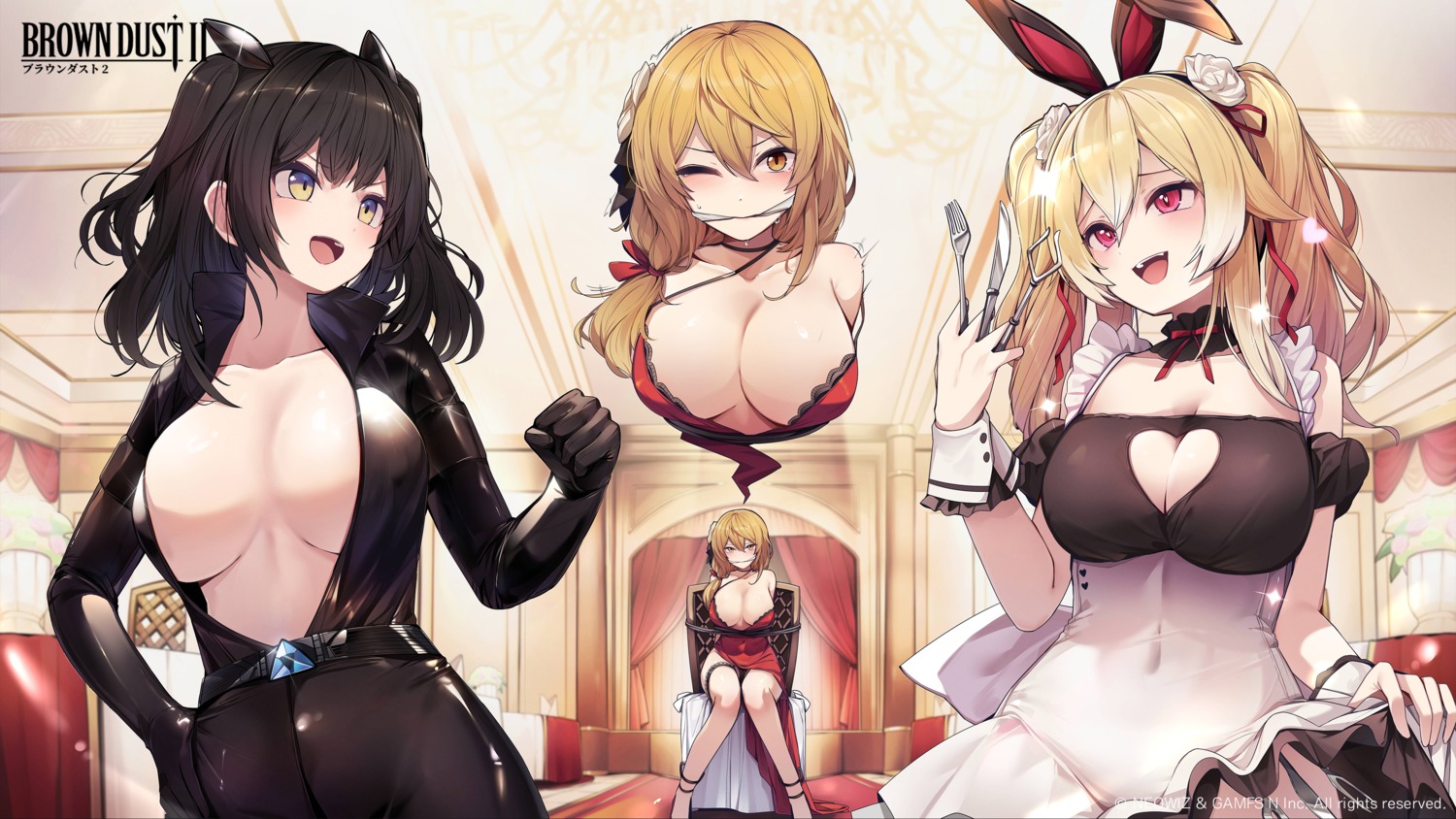 animal_ears bodysuit bondage brown_dust_ii bunny_ears ddangbi dress elise_(brown_dust_ii) garter liatris maid no_bra open_shirt pantsu scheherazade_(brown_dust_ii) skirt_lift wallpaper