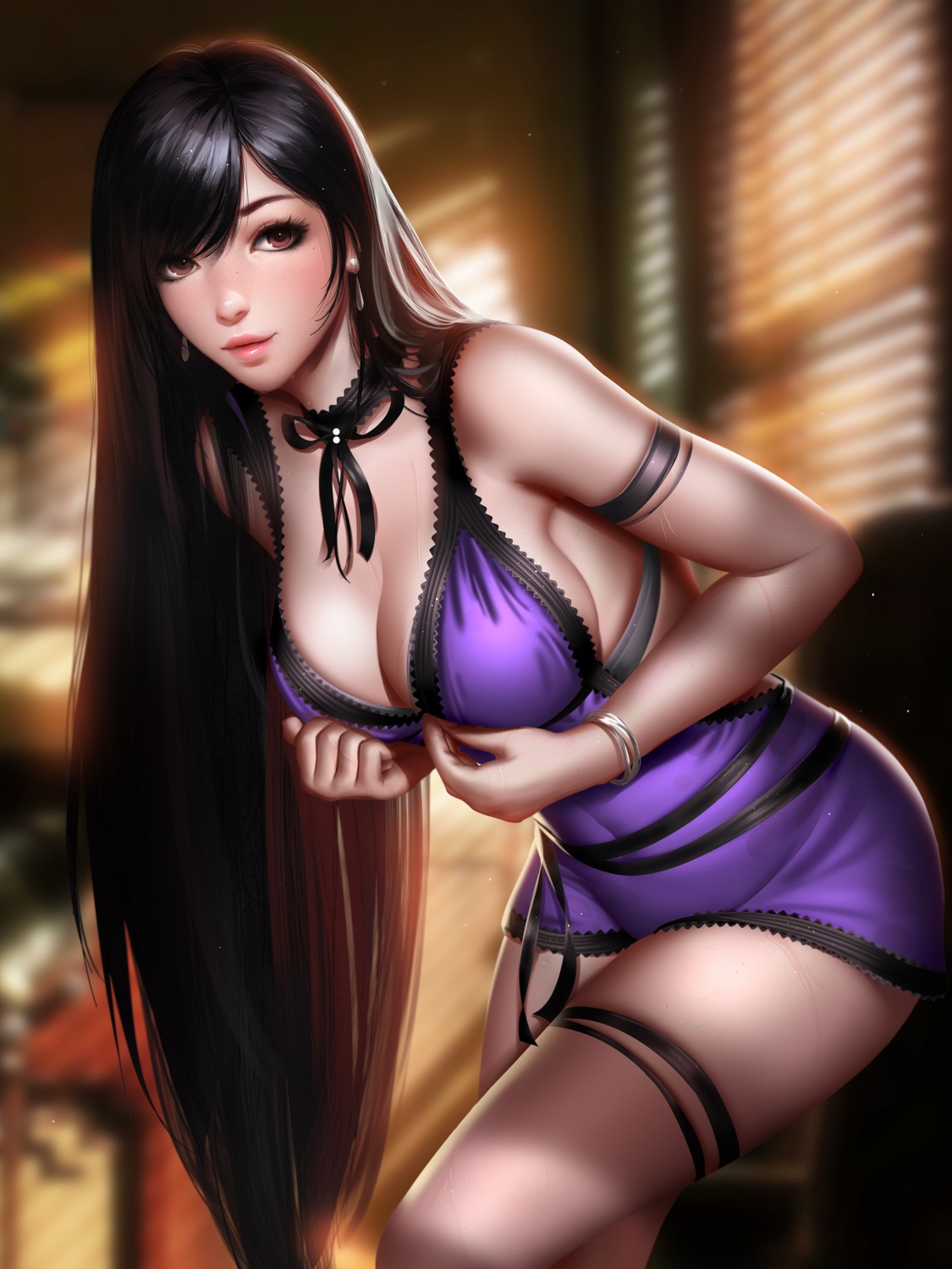 cleavage dress final_fantasy final_fantasy_vii garter liang_xing no_bra tifa_lockhart