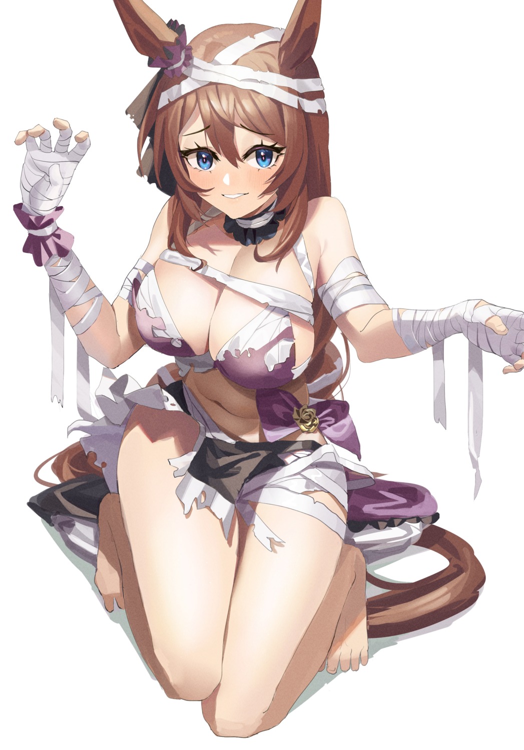 animal_ears bandages feipin_zhanshi halloween no_bra nopan super_creek_(umamusume) torn_clothes uma_musume_pretty_derby