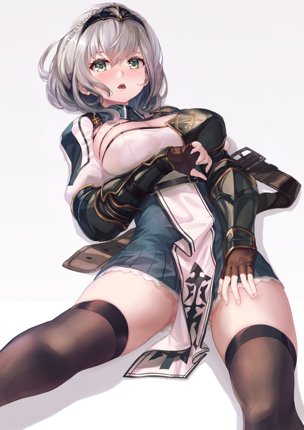 armor cleavage hololive pondel shirogane_noel skirt_lift thighhighs