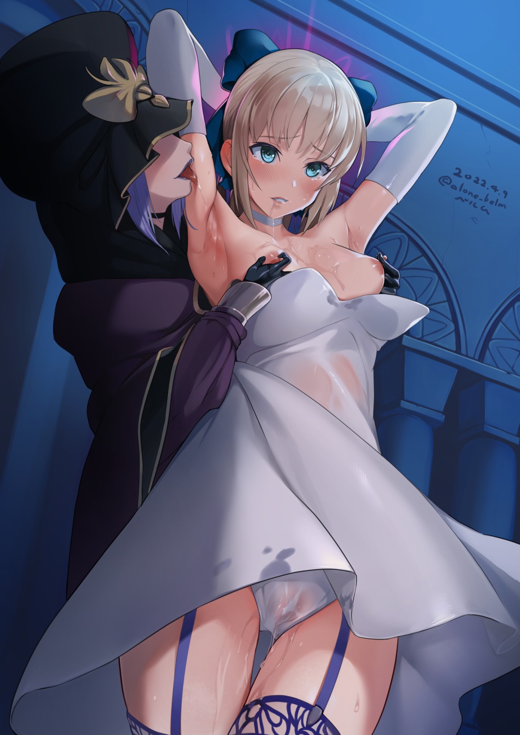 alone_belm bondage breast_grab breasts cameltoe caster fate/stay_night fate/stay_night_unlimited_blade_works nipples no_bra pantsu pussy_juice saber see_through skirt_lift stockings thighhighs yuri
