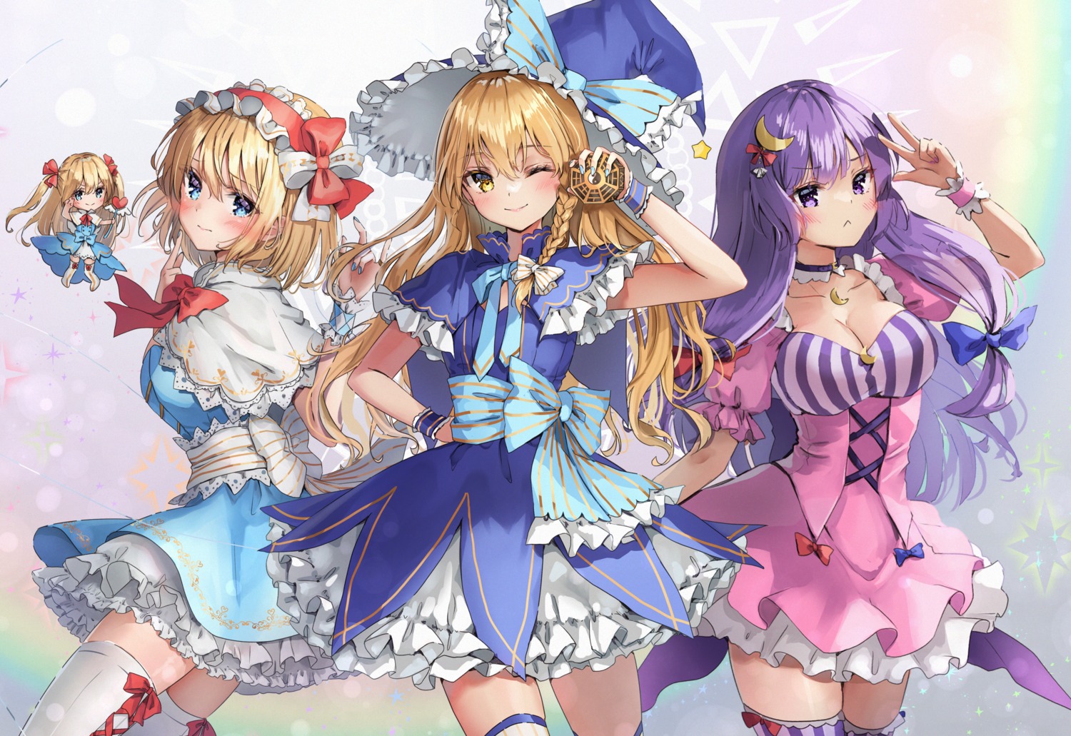 alice_margatroid chibi cleavage dress kirisame_marisa patchouli_knowledge shironeko_yuuki skirt_lift thighhighs touhou witch