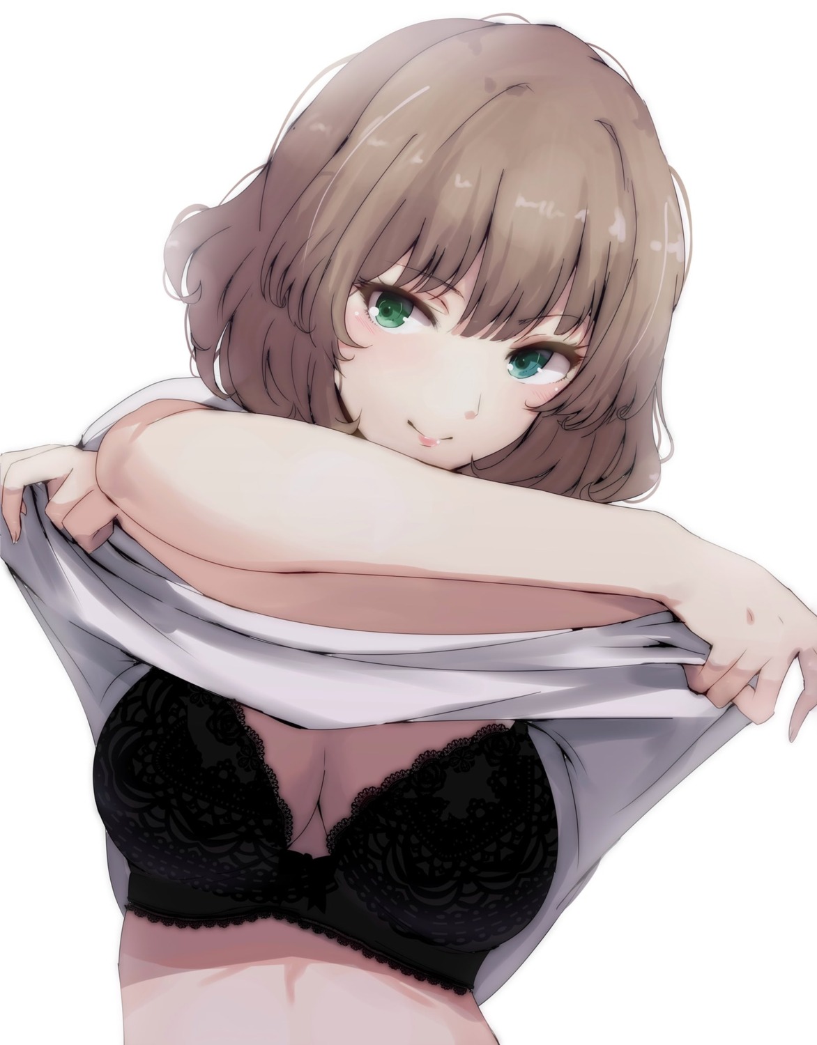 bra cleavage heterochromia ryuu. shirt_lift takagaki_kaede the_idolm@ster the_idolm@ster_cinderella_girls undressing