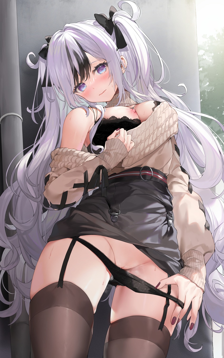 azur_lane bra breasts elbe_(azur_lane) nipples pantsu panty_pull pussy skirt_lift stockings sweater thighhighs uncensored undressing wardrobe_malfunction yana_mori