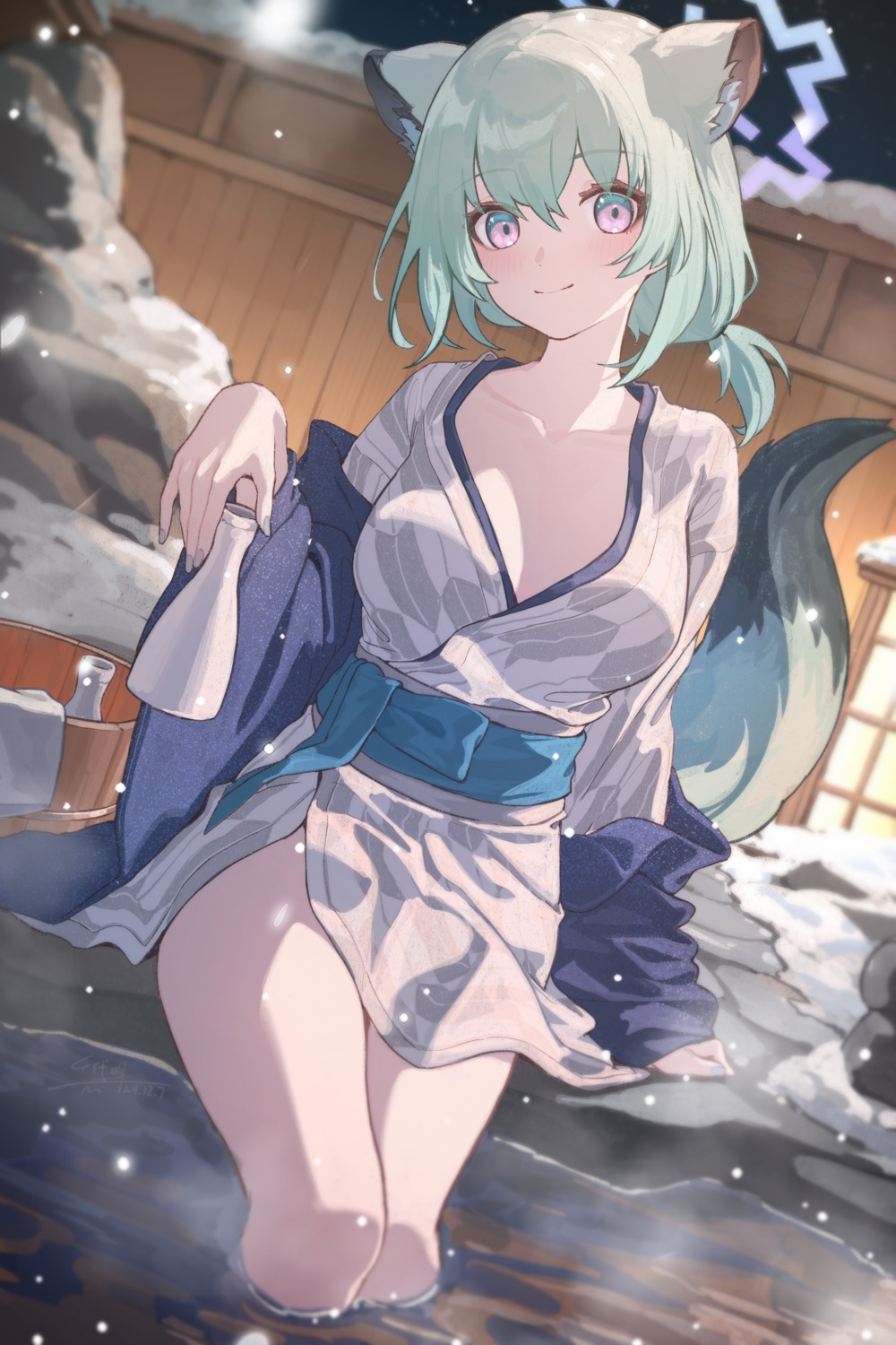 animal_ears blue_archive chiyo_akira halo mayoi_shigure onsen open_shirt sake tail yukata