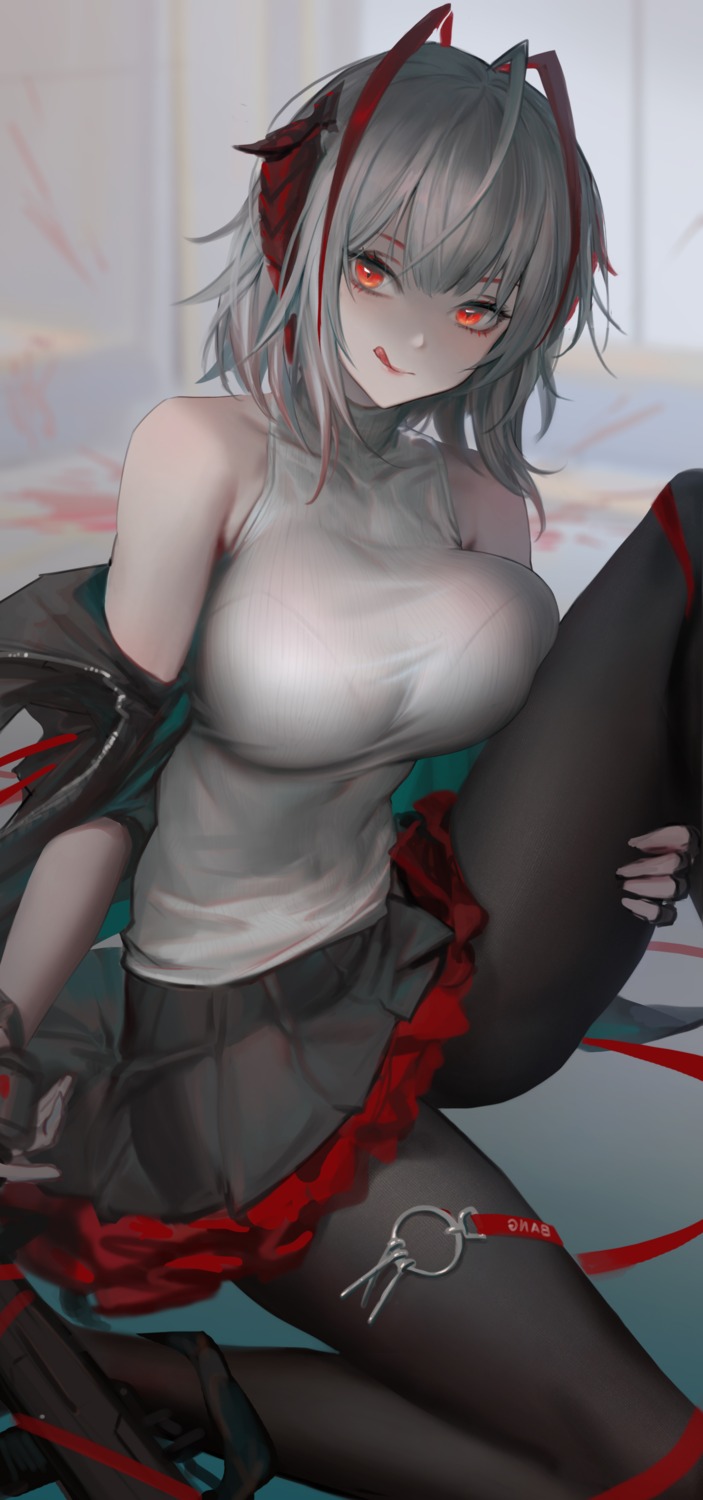 arknights bra horns pantyhose see_through skirt_lift w_(arknights) youyi_(jiam009)