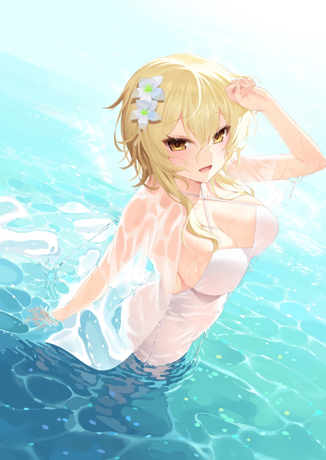 genshin_impact ia_(ias1010) lumine see_through swimsuits wet wet_clothes
