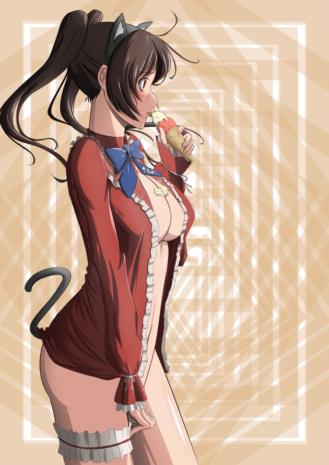 animal_ears bottomless cleavage cream garter maken-ki! nekomimi no_bra open_shirt tagme tail