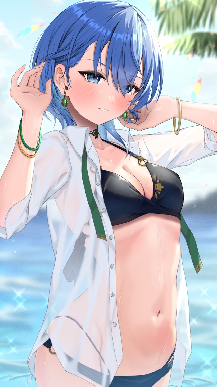 bikini bowsan hololive hoshimachi_suisei open_shirt see_through swimsuits