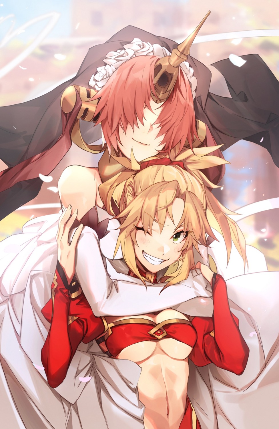 dress fate/grand_order frankenstein's_monster_(fate) horns mordred_(fate) no-kan no_bra yuri