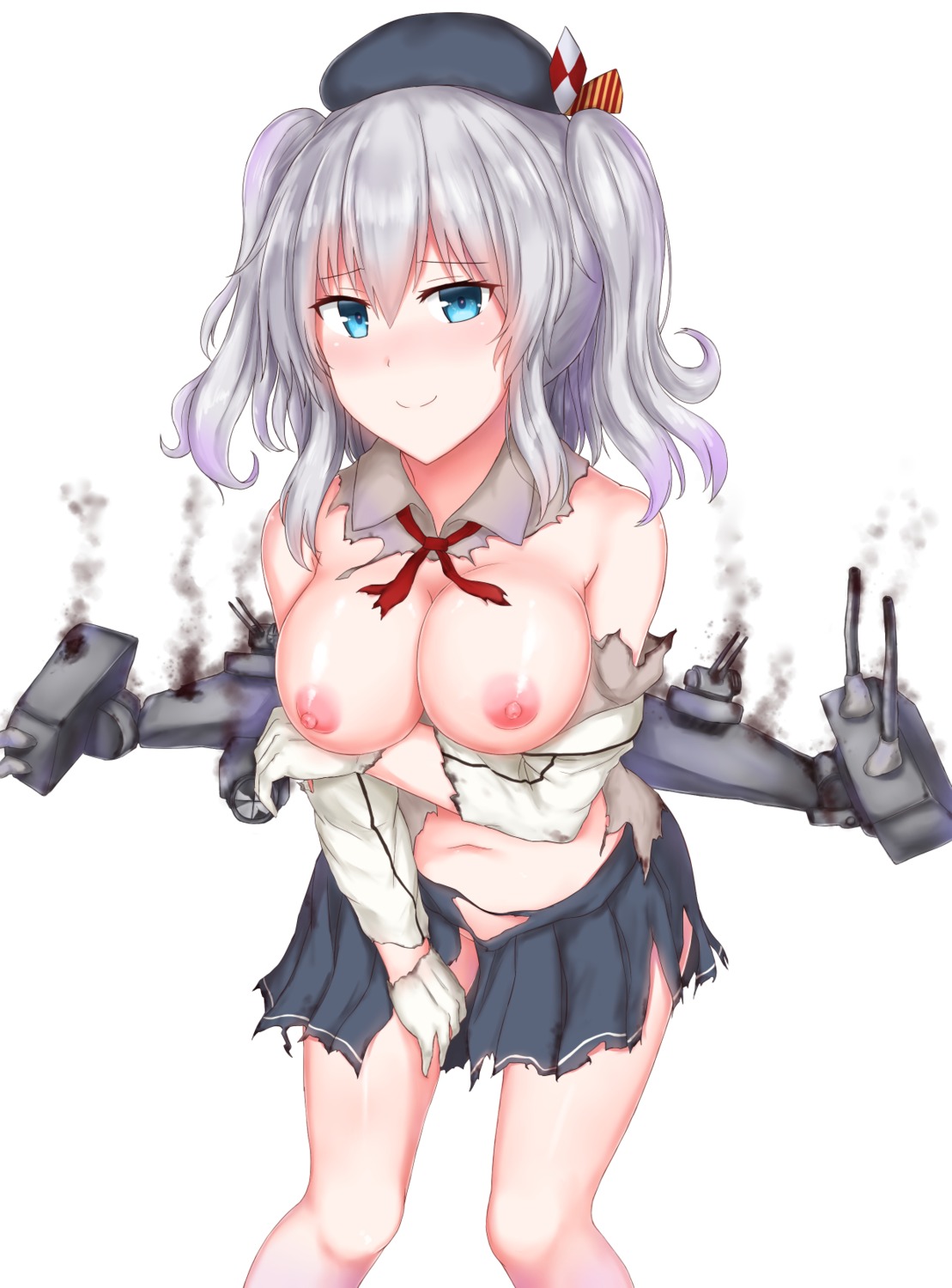 breast_hold breasts cai_geng kantai_collection kashima_(kancolle) nipples no_bra nopan open_shirt torn_clothes uniform