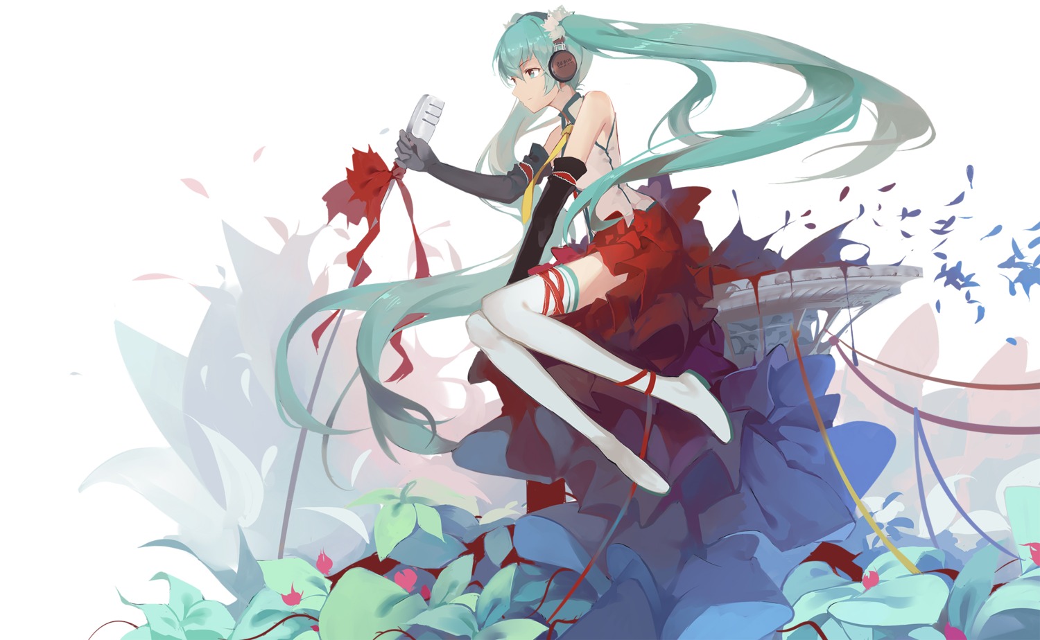 hatsune_miku headphones huanxiang_heitu thighhighs vocaloid