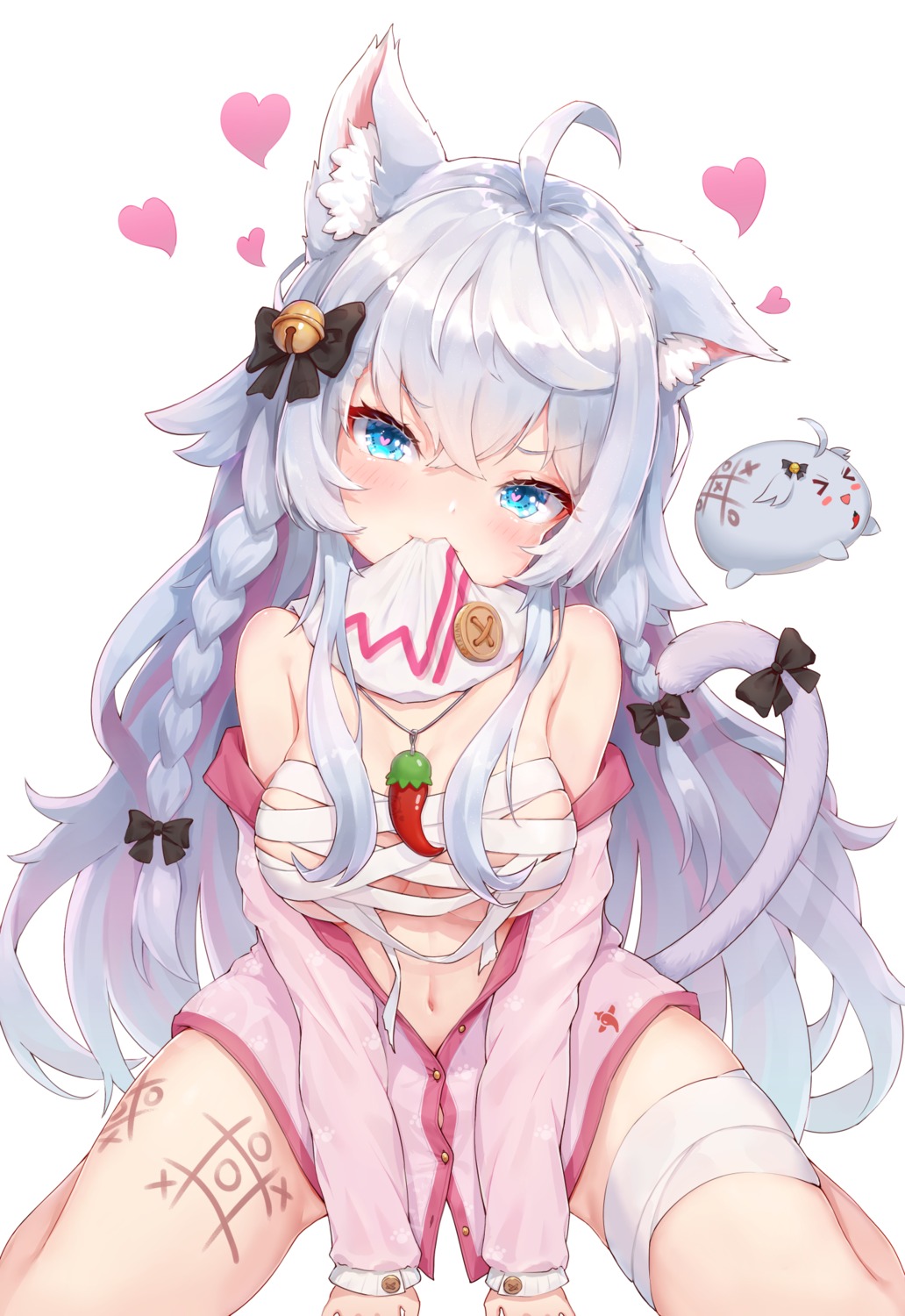 animal_ears bandages catxuan nekomimi open_shirt sarashi tail