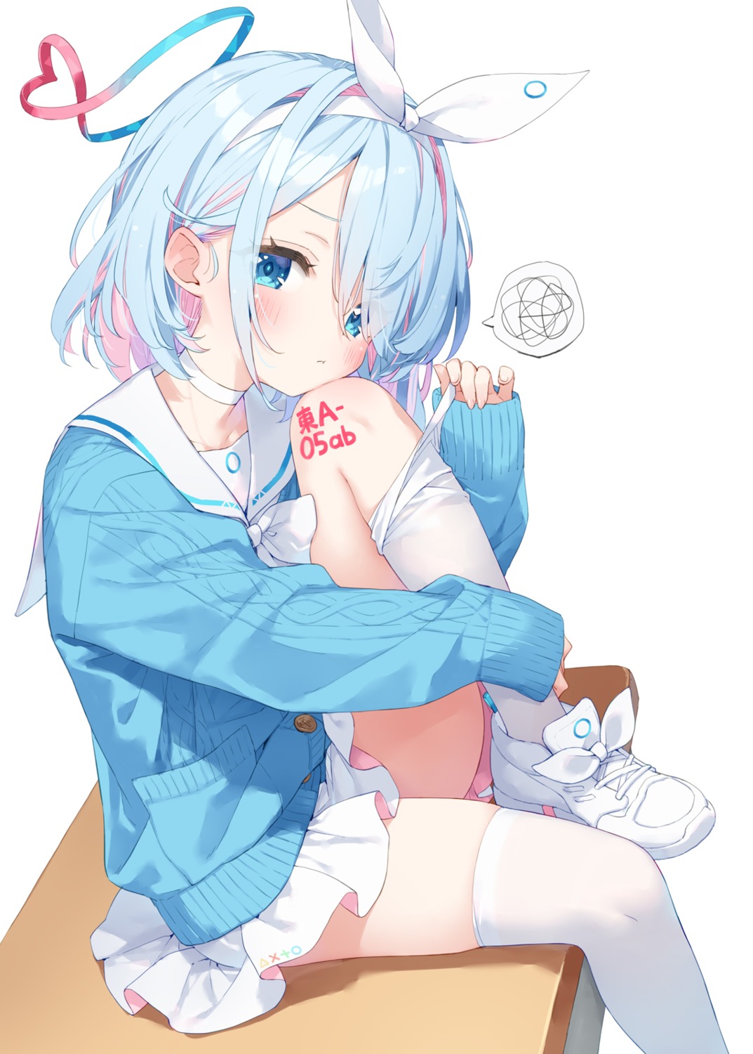 arona_(blue_archive) blue_archive halo kani_biimu loli seifuku skirt_lift sweater tattoo thighhighs undressing