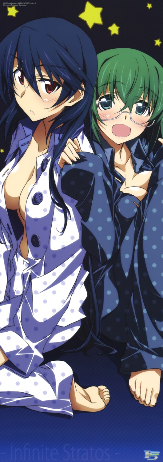 cleavage infinite_stratos kurashima_tomoyasu megane no_bra open_shirt orimura_chifuyu pajama stick_poster yamada_maya