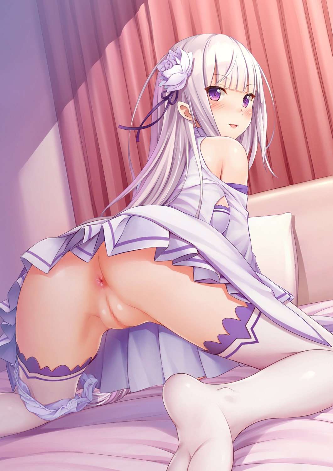 anus ass censored denhijou_niki dress elf emilia_(re_zero) feet pantsu panty_pull pointy_ears pussy re_zero_kara_hajimeru_isekai_seikatsu skirt_lift thighhighs