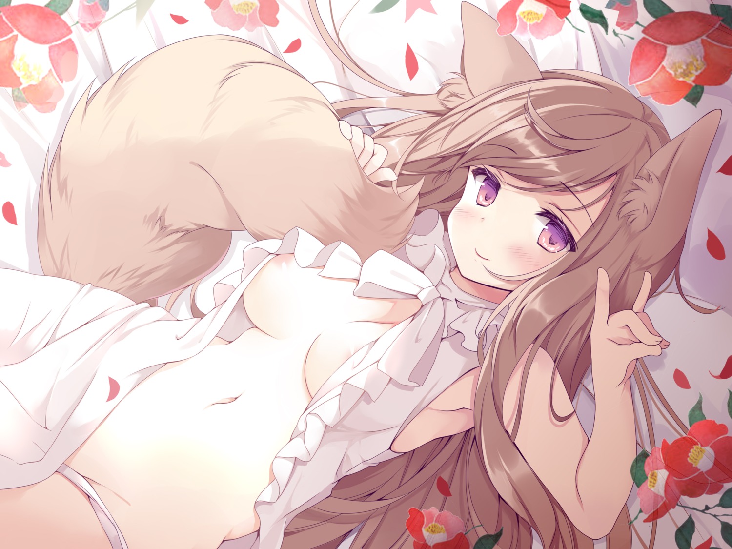 animal_ears areola dress hoshino_koucha kitsune no_bra open_shirt pantsu panty_pull tail