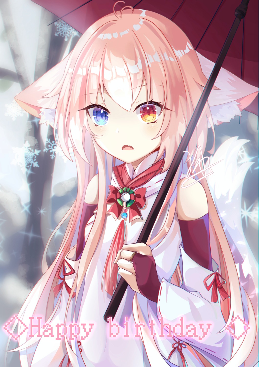 animal_ears heterochromia japanese_clothes luo_shang_hua tail umbrella