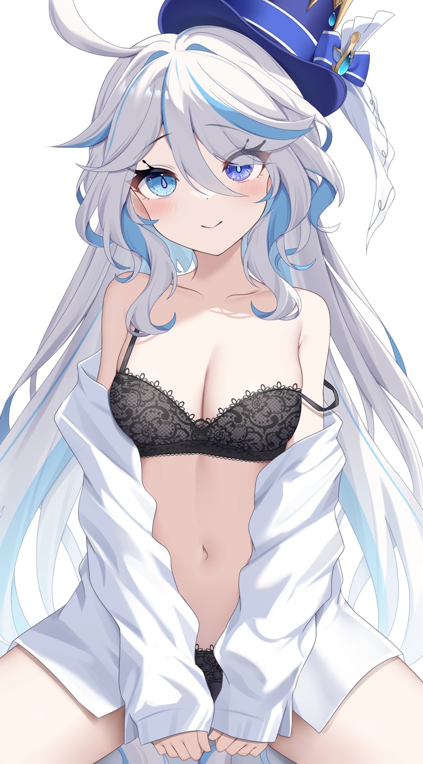 bra furina genshin_impact heterochromia nyuu_(pixiv12143565) open_shirt pantsu