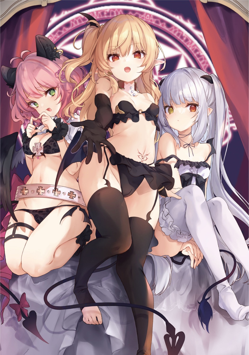 animal_ears bra chloe_lilithtera garter heterochromia horns pantsu pointy_ears stockings string_panties tail tamano_kedama thighhighs tiffany_lilithtera wings