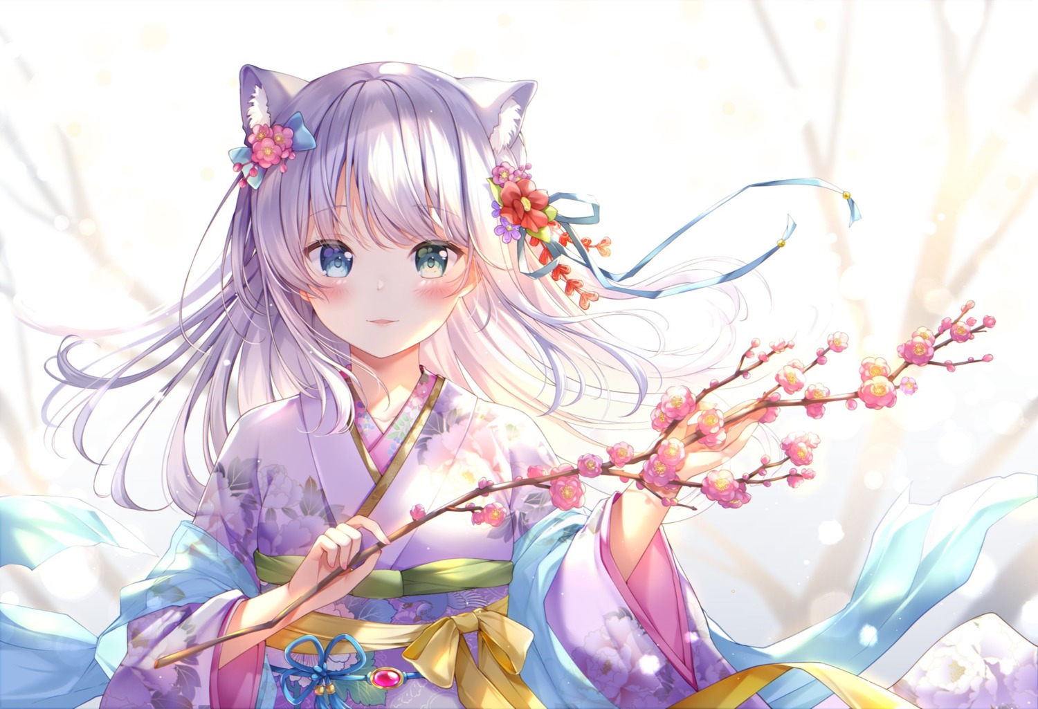 animal_ears heterochromia kimono nekomimi sakura_moyon