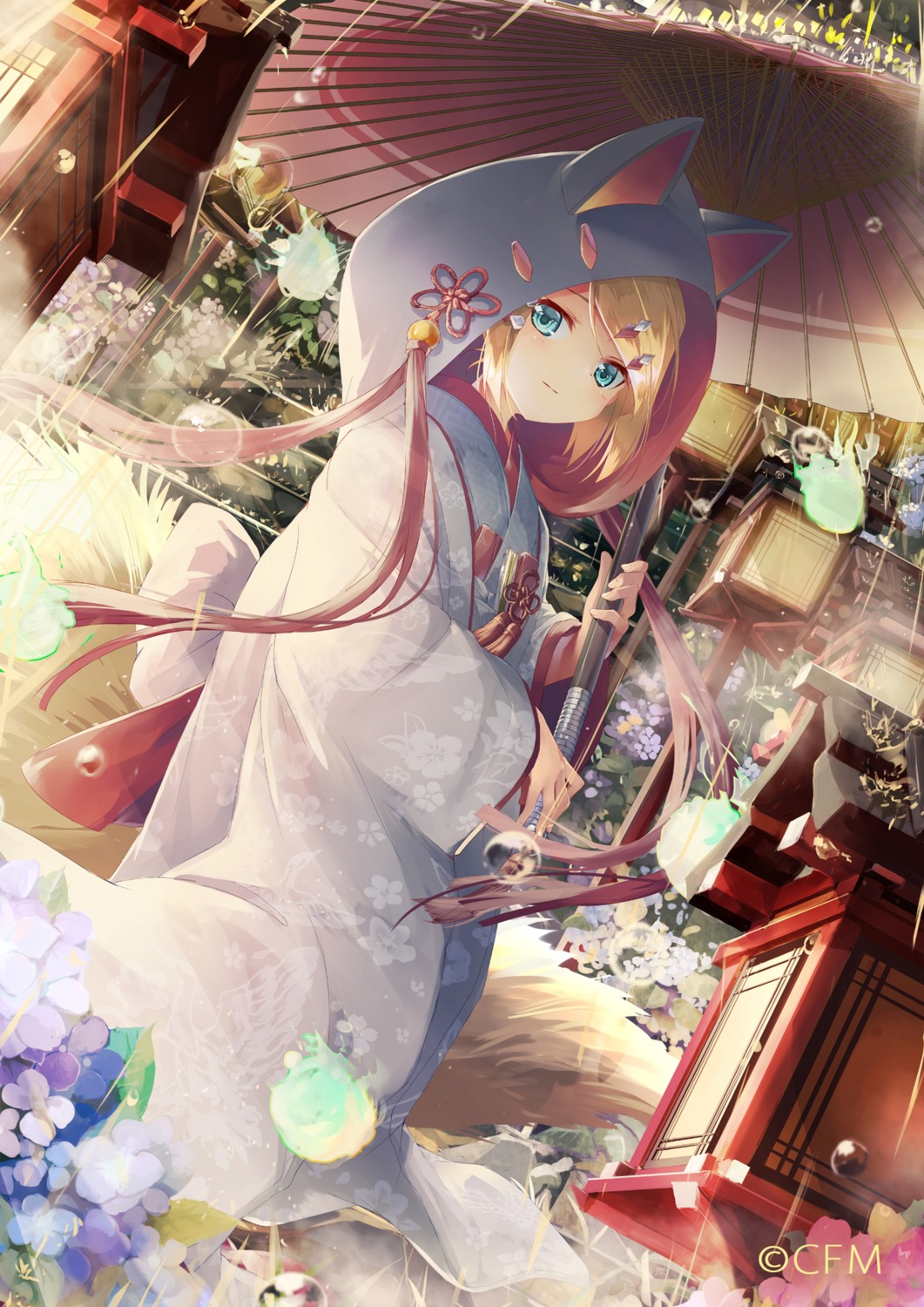 animal_ears daidou_(demitasse) japanese_clothes kagamine_rin kitsune tail umbrella vocaloid