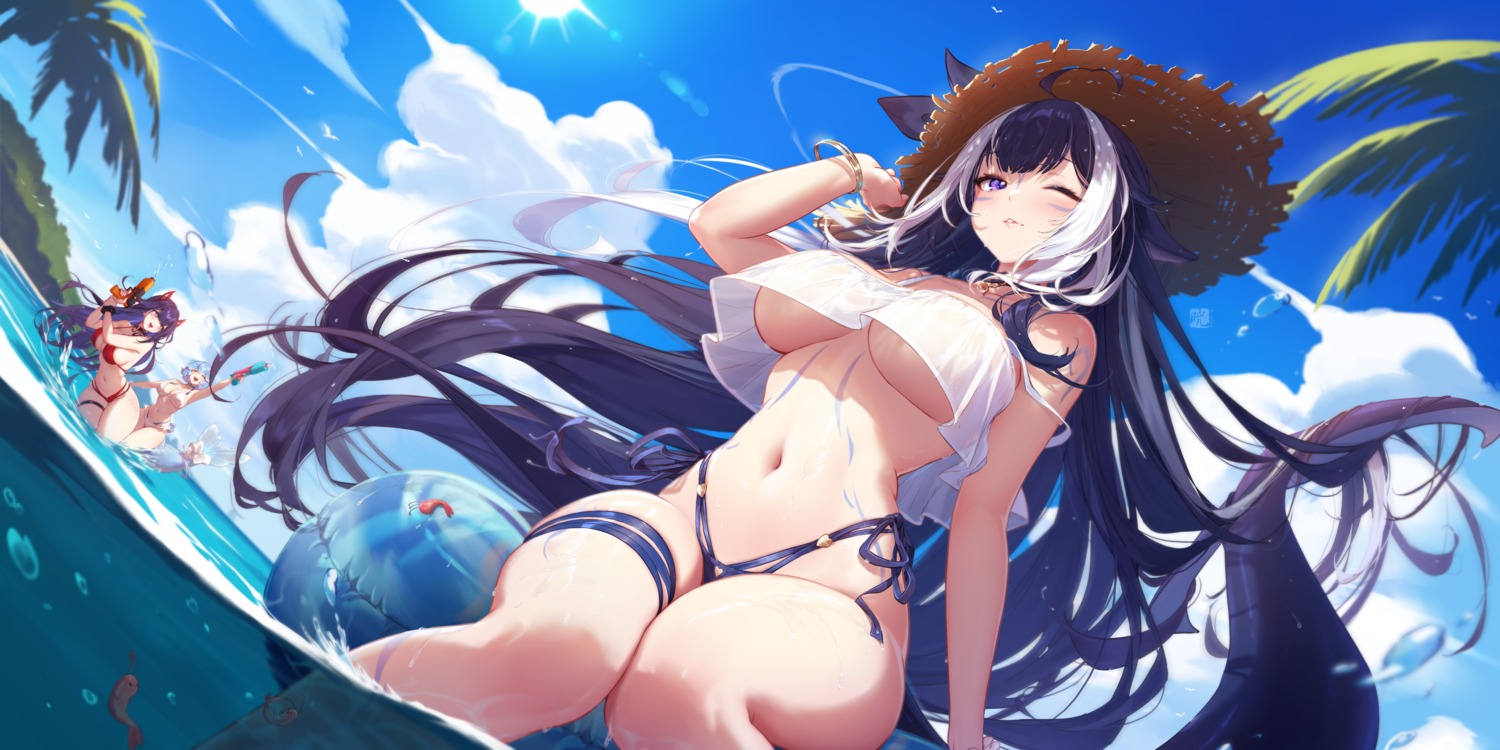 akuma_nihmune animal_ears bao_(vtuber) bikini garter gun horns indie_virtual_youtuber mitsu_(mitsu_art) see_through shylily swimsuits tail tattoo underboob wet wet_clothes