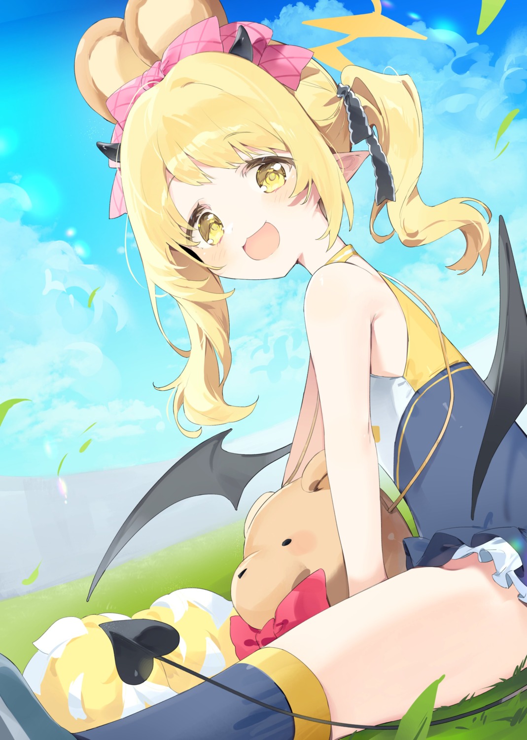 animal_ears bloomers blue_archive cheerleader devil halo horns meunhongcha pointy_ears skirt_lift tail tanga_ibuki wings