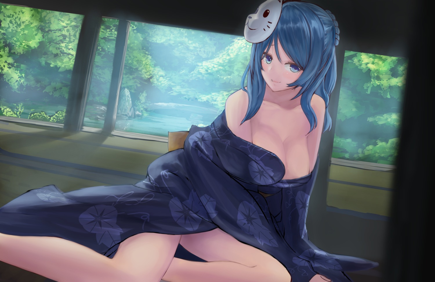 cleavage harukana_(harukana_10) kantai_collection no_bra open_shirt urakaze_(kancolle) yukata