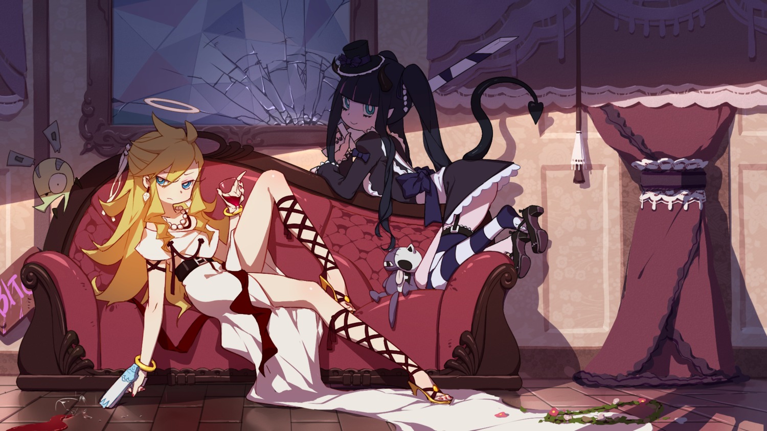 chuck dress gothic_lolita gun heels horns lolita_fashion mosquito_coils panty panty_&_stocking_with_garterbelt pointy_ears stocking stockings sword tail thighhighs wallpaper