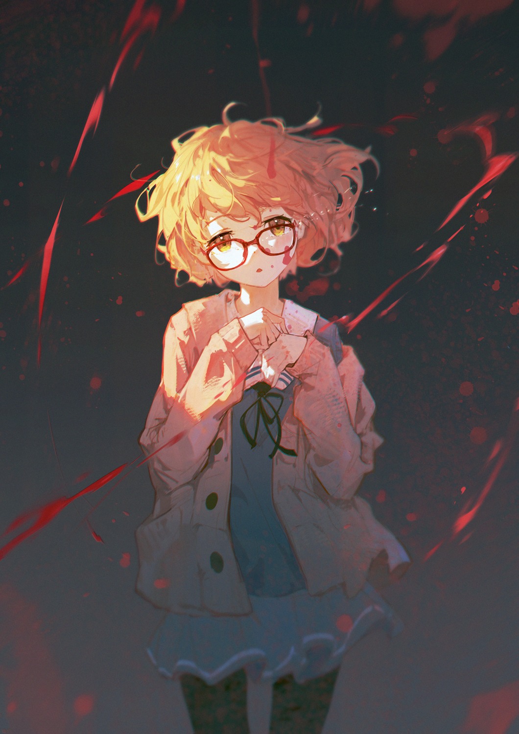 blood dinoartforame kuriyama_mirai kyoukai_no_kanata megane pantyhose seifuku sweater