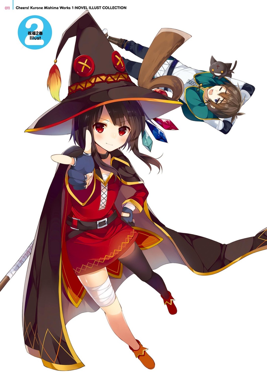 bandages chomusuke digital_version dress kono_subarashii_sekai_ni_shukufuku_wo! megumin mishima_kurone neko satou_kazuma thighhighs weapon witch