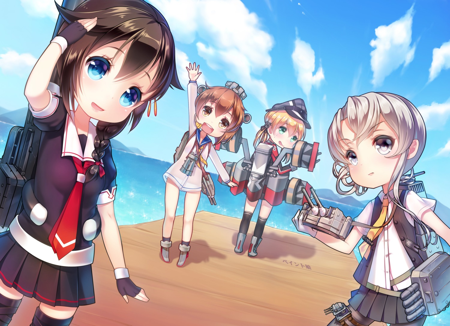 chibi kantai_collection nowaki_(kancolle) paint_musume pantyhose prinz_eugen_(kancolle) seifuku shigure_(kancolle) thighhighs yukikaze_(kancolle)