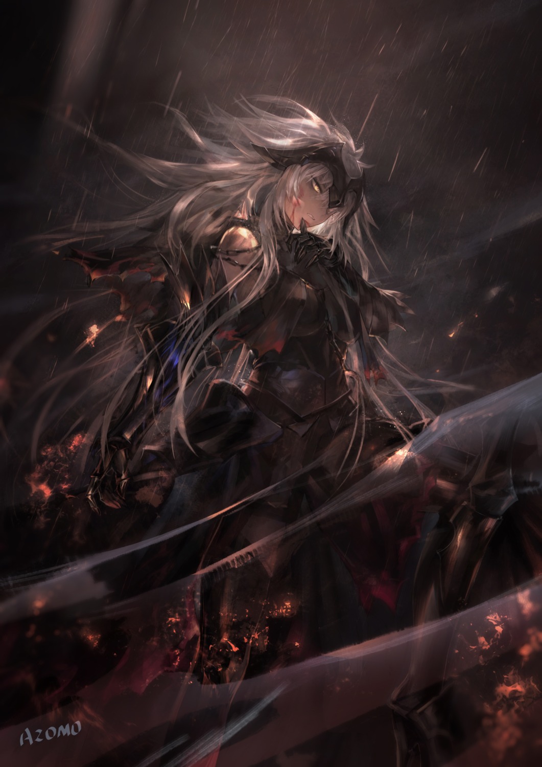 armor azomo blood fate/grand_order jeanne_d'arc jeanne_d'arc_(alter)_(fate) sword thighhighs