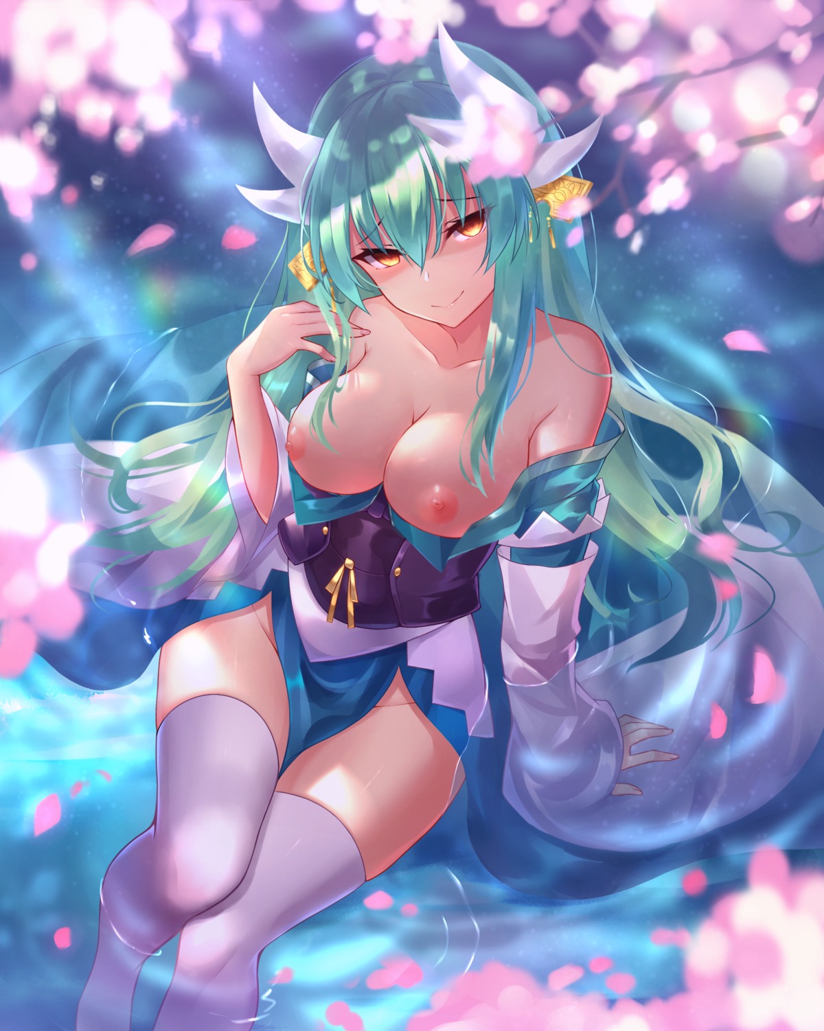 black_fire breasts fate/grand_order horns japanese_clothes kiyohime_(fate/grand_order) nipples no_bra open_shirt thighhighs wet