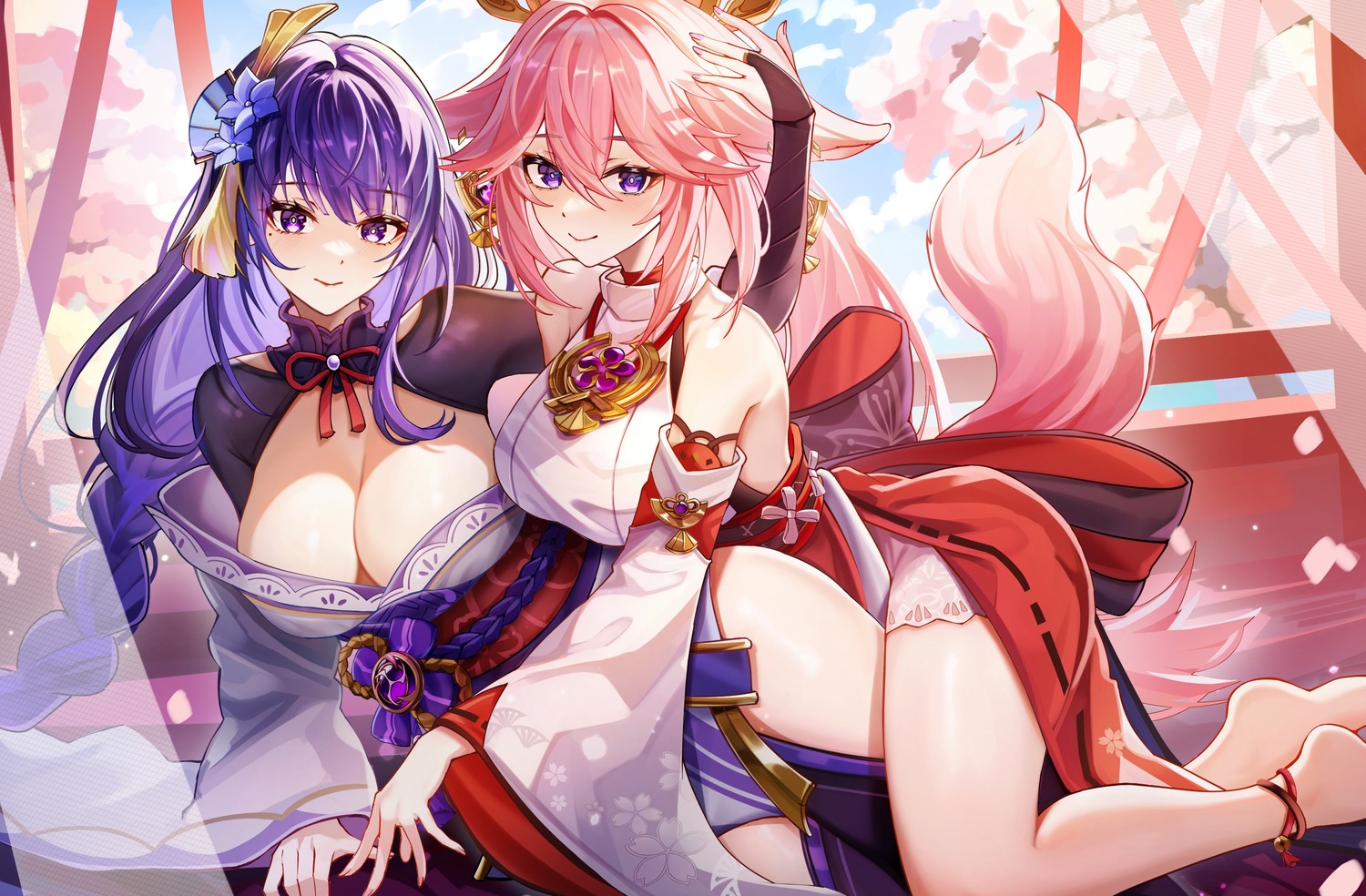 animal_ears chen_ying_(alan-yut) genshin_impact japanese_clothes kitsune no_bra open_shirt raiden_shogun tail yae_miko