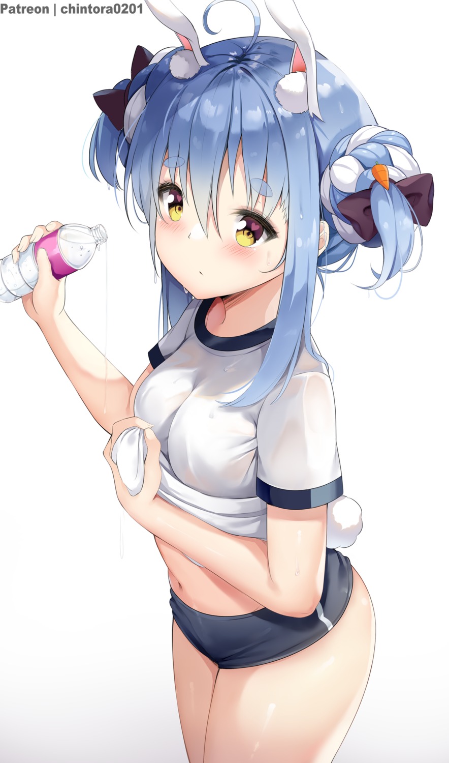 animal_ears bunny_ears buruma chintora0201 gym_uniform hololive see_through shirt_lift tail usada_pekora wet_clothes