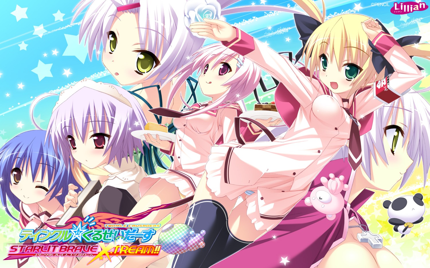 illear kannagi_rei kujou_ria lullshare maid melilot misa_brigitta_cristelis pantsu seifuku shimapan twinkle_crusaders twinkle_crusaders_-passion_star_stream- wallpaper yuugiri_nanaka