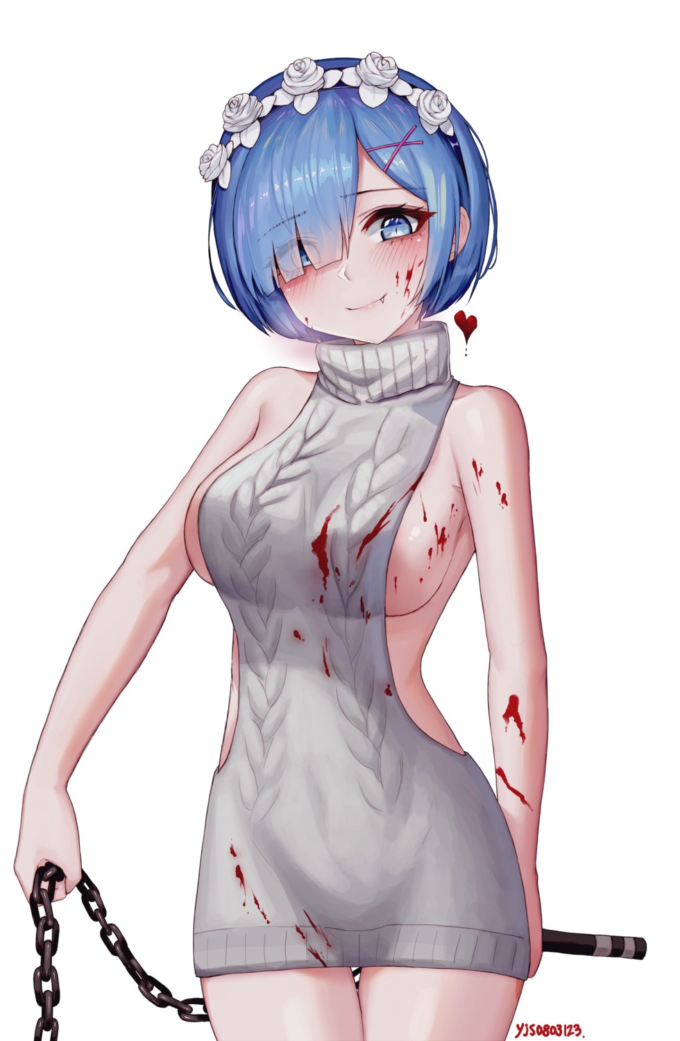 blood dress no_bra re_zero_kara_hajimeru_isekai_seikatsu rem_(re_zero) sweater yjs0803123