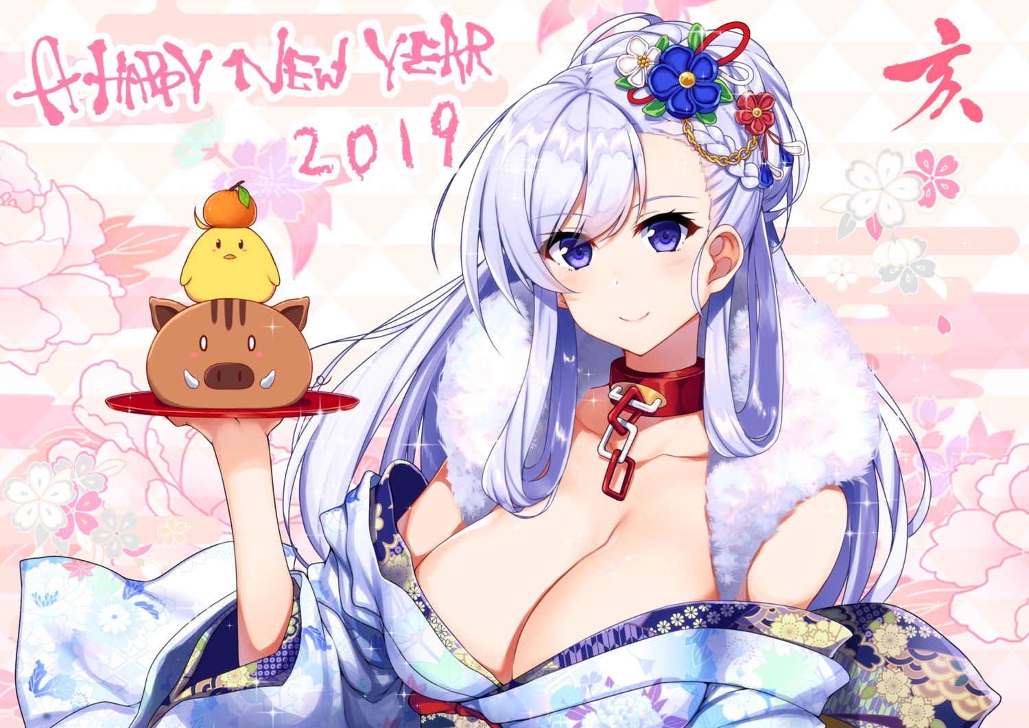 azur_lane belfast_(azur_lane) kimono manjuu_(azur_lane) no_bra open_shirt raiou