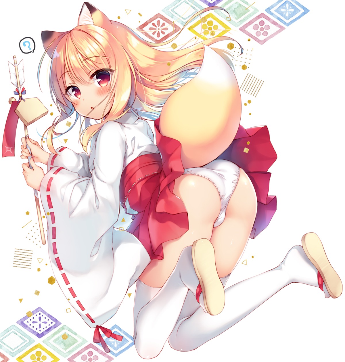 23.4° animal_ears ass boku_no_risou_no_isekai_seikatsu chise_(ichiri) ichiri kitsune miko pantsu skirt_lift tail thighhighs