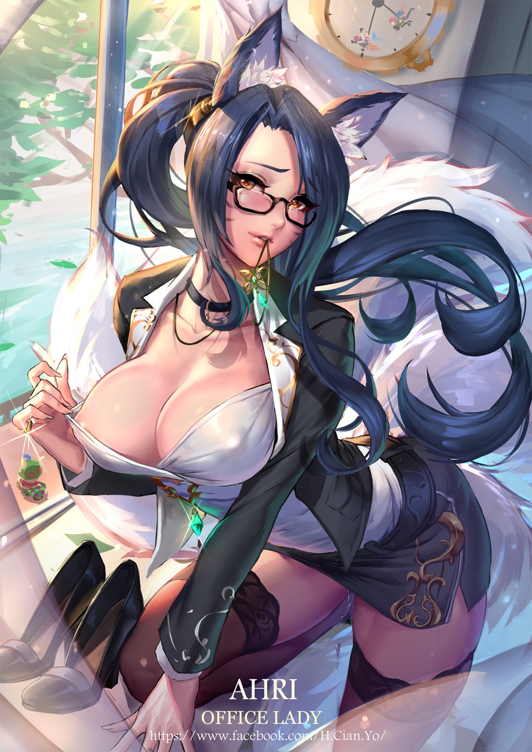 ahri animal_ears areola business_suit cianyo cleavage erect_nipples league_of_legends megane no_bra open_shirt pussy_juice tail thighhighs undressing